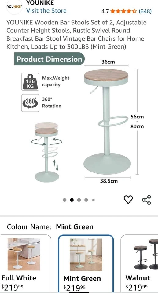 YOUNIKE Wooden Bar Stools Set of 4, Adjustable Counter Height - photo 2