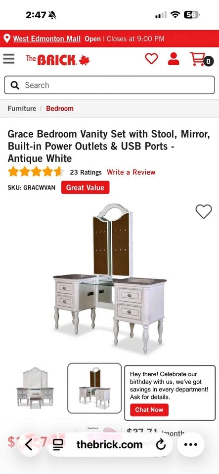 Grace Bedroom Vanity Set with Stool, Mirror, Power & USB