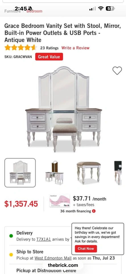 Grace Bedroom Vanity Set with Stool, Mirror, Power & USB - photo 3
