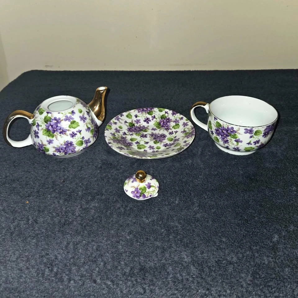 🌸 Vintage Violet Floral “Tea-for-One” Set - photo 2