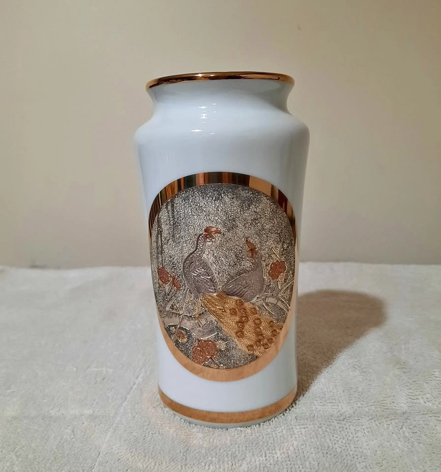 The Art of Chokin Peacock Vase With 24KT Gold Trim Japan Vintage
