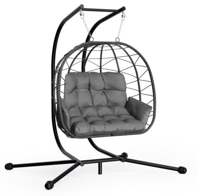 PamaPic Swing Chair Rattan Black Iron Frame Hanging Egg Chair