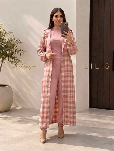 Women’s 3pc Woven Pink/White Plaid Set Turtleneck Top Pants Long