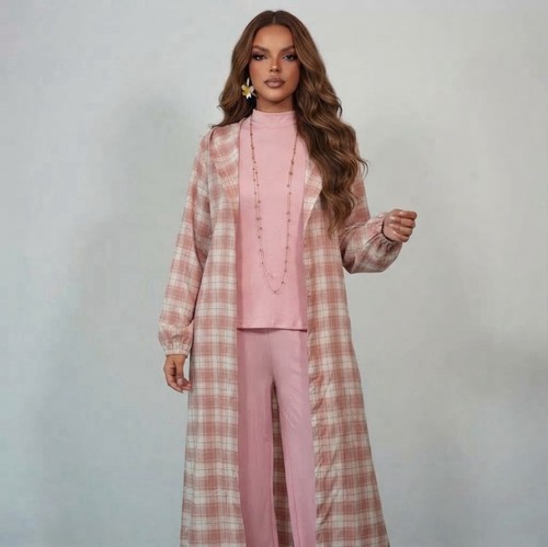 Women’s 3pc Woven Pink/White Plaid Set Turtleneck Top Pants Long - photo 2