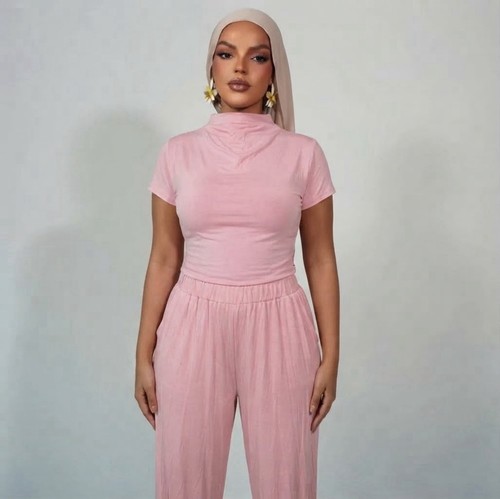 Women’s 3pc Woven Pink/White Plaid Set Turtleneck Top Pants Long - photo 3