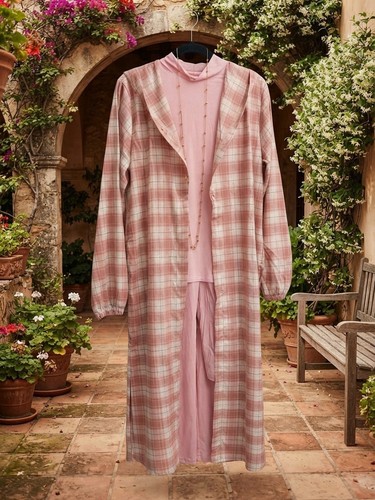 Women’s 3pc Woven Pink/White Plaid Set Turtleneck Top Pants Long - photo 4