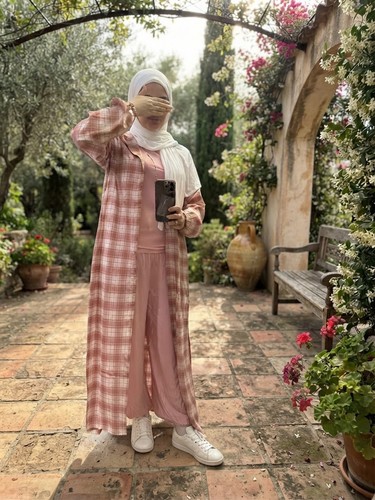 Women’s 3pc Woven Pink/White Plaid Set Turtleneck Top Pants Long - photo 5