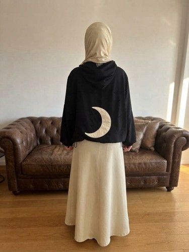 Black Pullover Hoodie Crescent Moon Logo Drawstring, One Size - photo 2