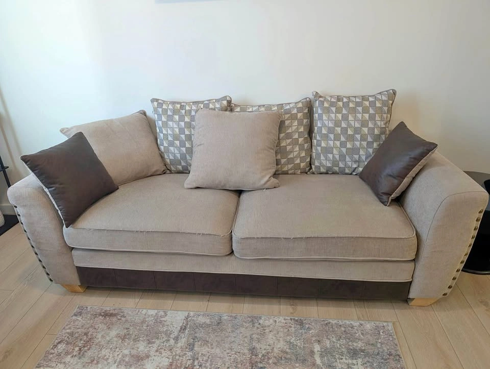 Beige Fabric Sofa and Loveseat Set with Nailhead Trim