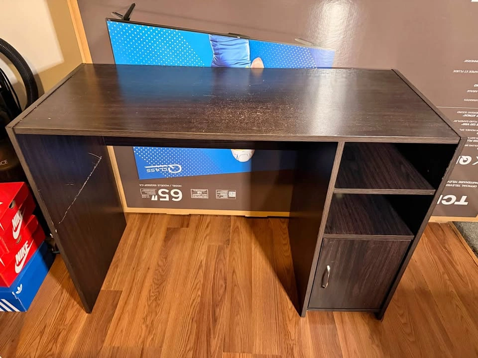 Dark Brown Wood Grain Desk with Shelves and Cabinet