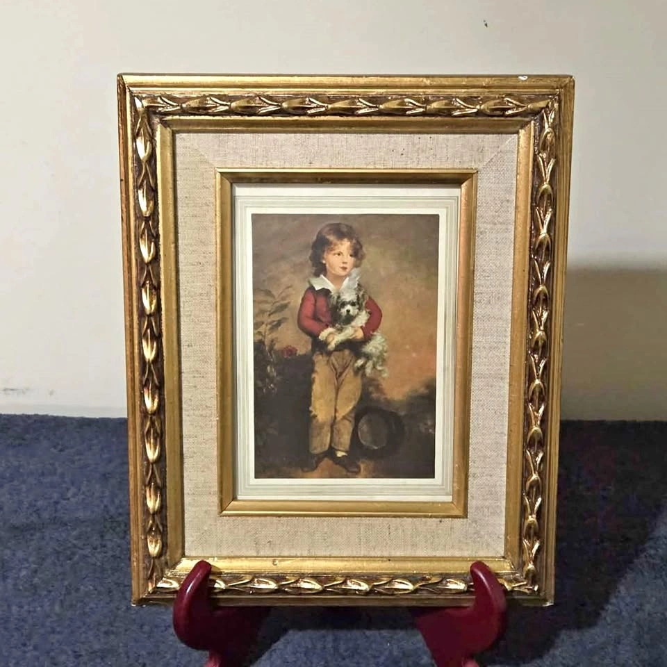 Vintage Framed Portrait Print – Classic Boy With Dog – 11" x 9"