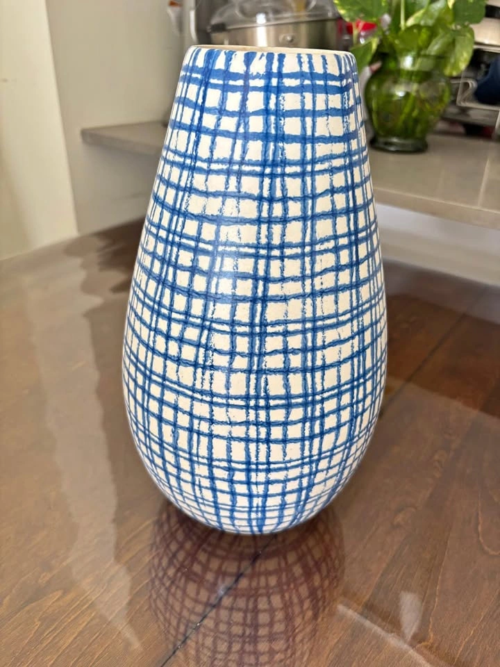 Blue and White Grid Ceramic Vase
