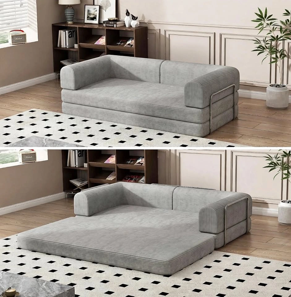 Convertible Grey Corduroy Sofa Bed / Futon