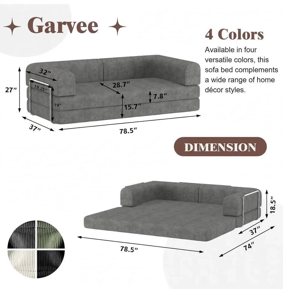 Convertible Grey Corduroy Sofa Bed / Futon - photo 3