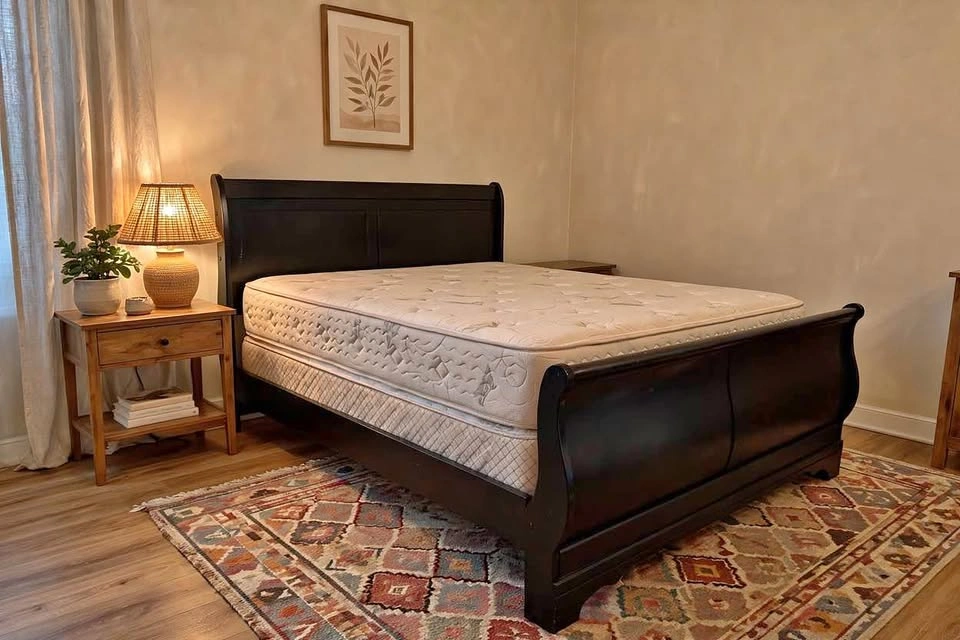 QUEEN SIZE Black Wooden Sleigh Bed – Mattress & Box Spring