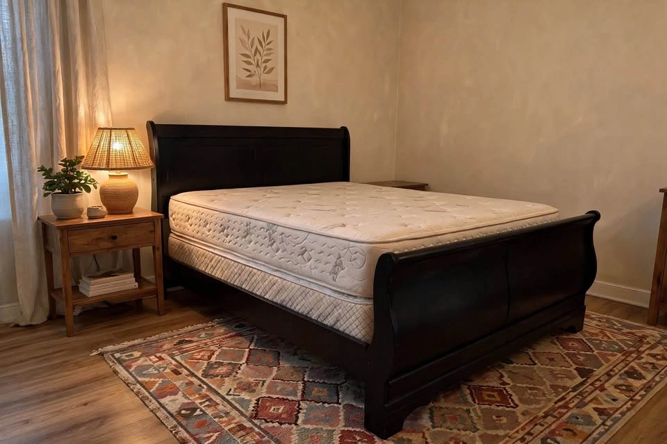 QUEEN SIZE Black Wooden Sleigh Bed – Mattress & Box Spring - photo 2