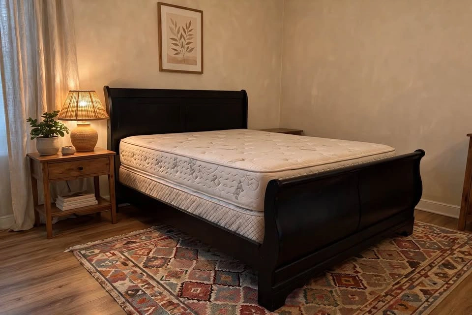 QUEEN SIZE Black Wooden Sleigh Bed – Mattress & Box Spring - photo 5