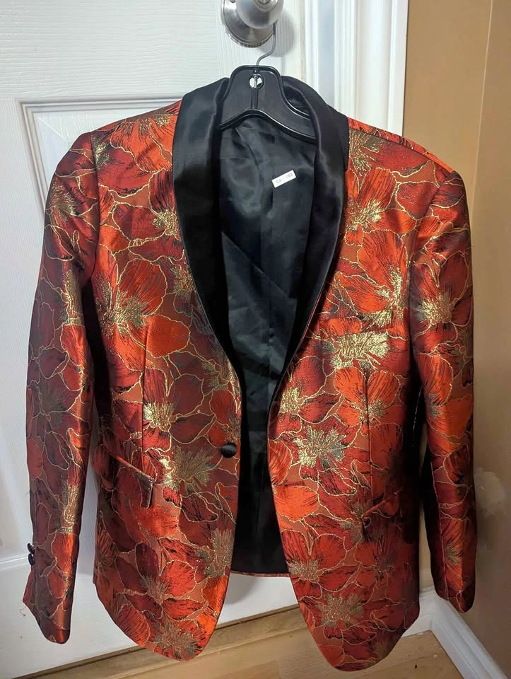 Suslo Couture Kids Blazer – Red Gold Floral Brocade, Size 16