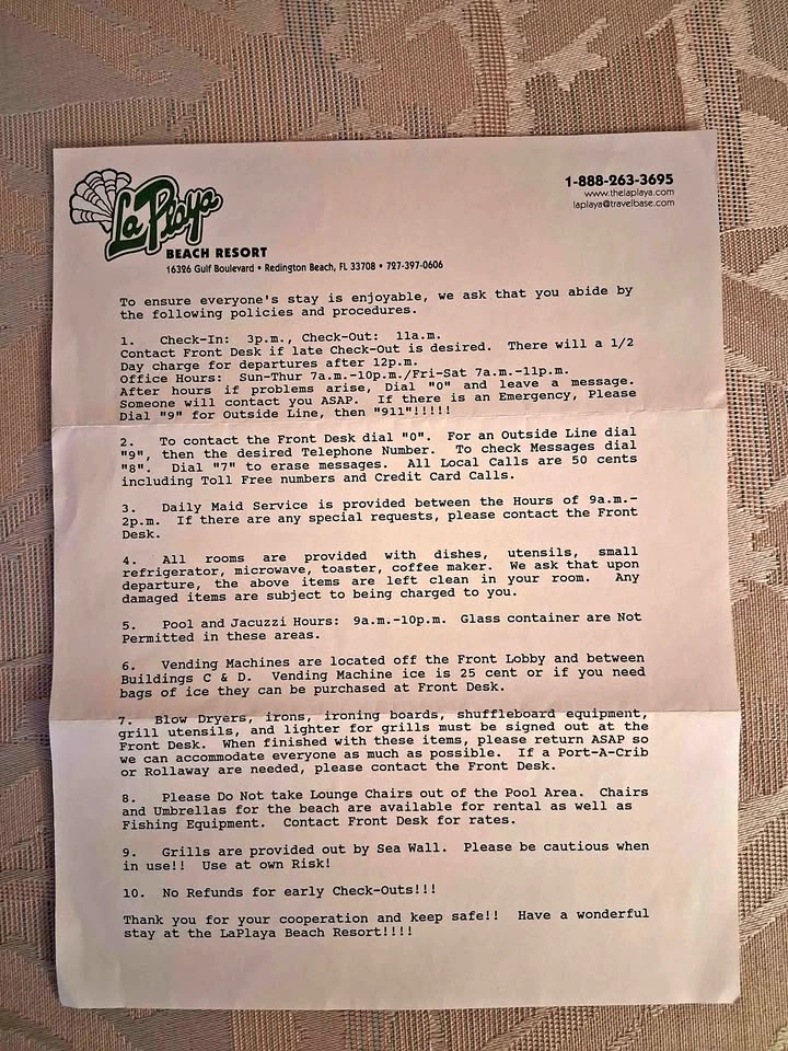 Vintage La Playa Beach Resort Paper Ephemera Memorandum 2002