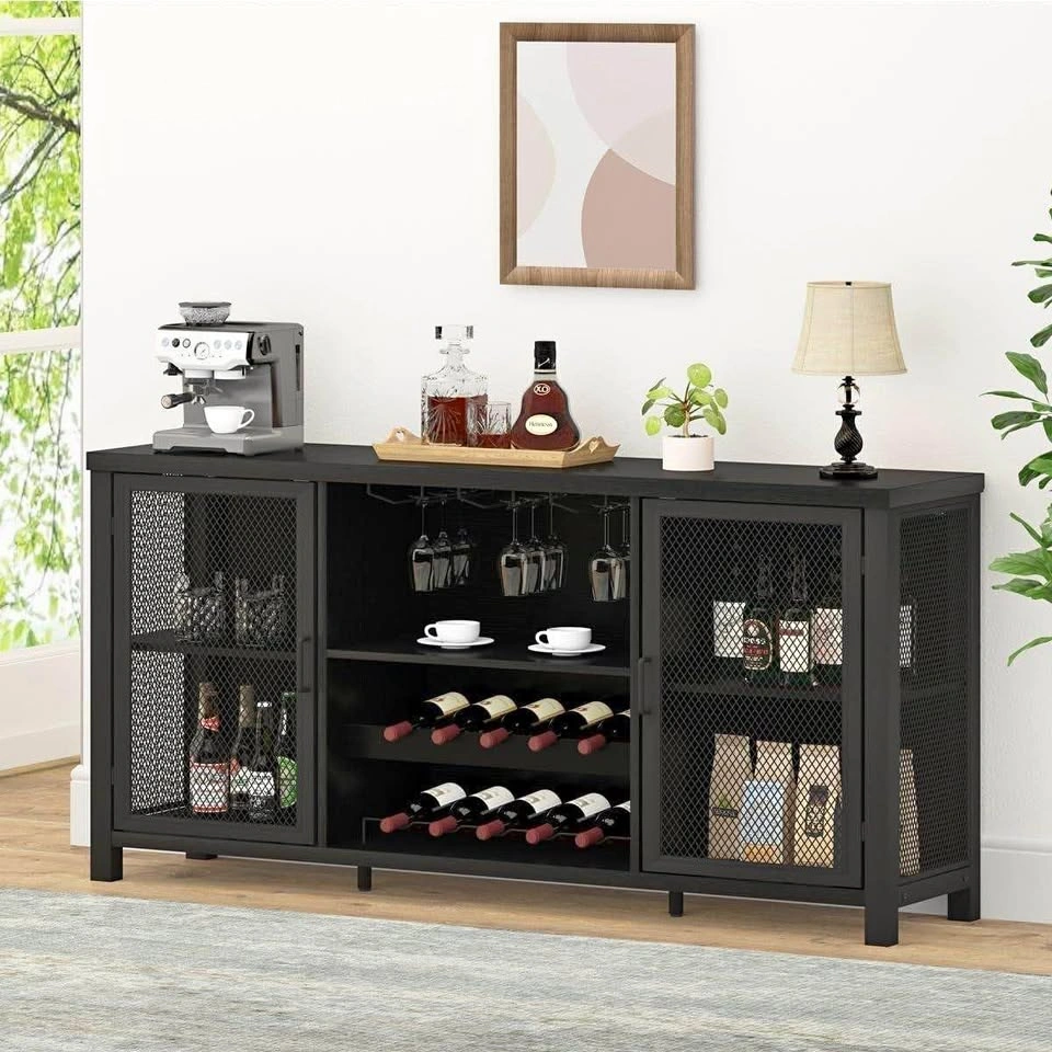 Black Wine Rack & Bar Table with Sideboard Buffet Cabinet