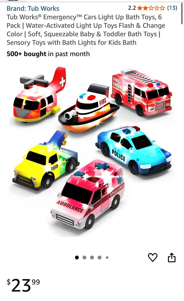 Tub Works Emergency Cars Light Up Bath Toys, 6 Pack