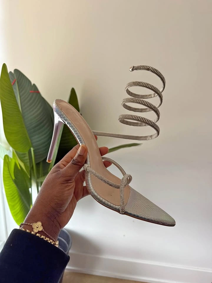 Iridescent Spiral Rhinestone Pointed Toe Heeled Sandals