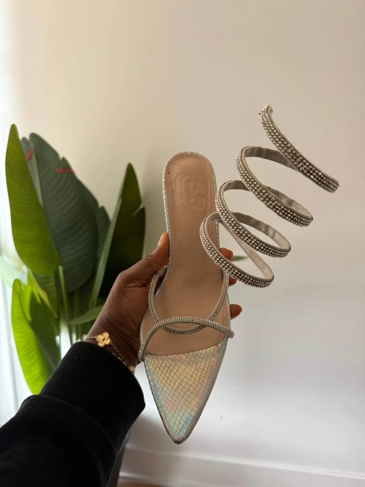 Iridescent Spiral Rhinestone Pointed Toe Heeled Sandals - photo 2