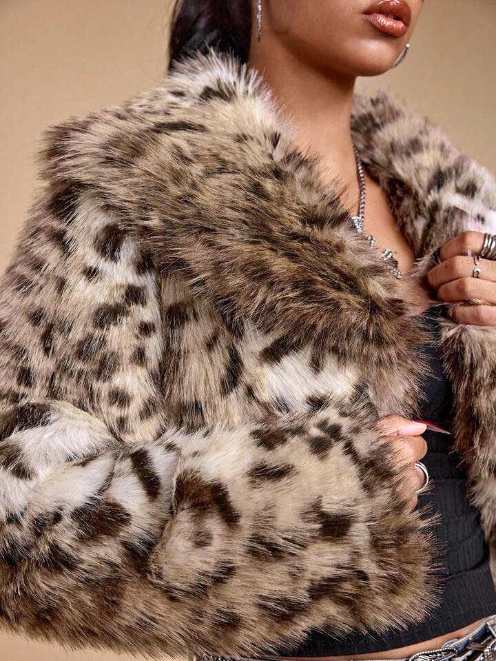 Leopard Print Cropped Faux Fur Jacket - US 8/10