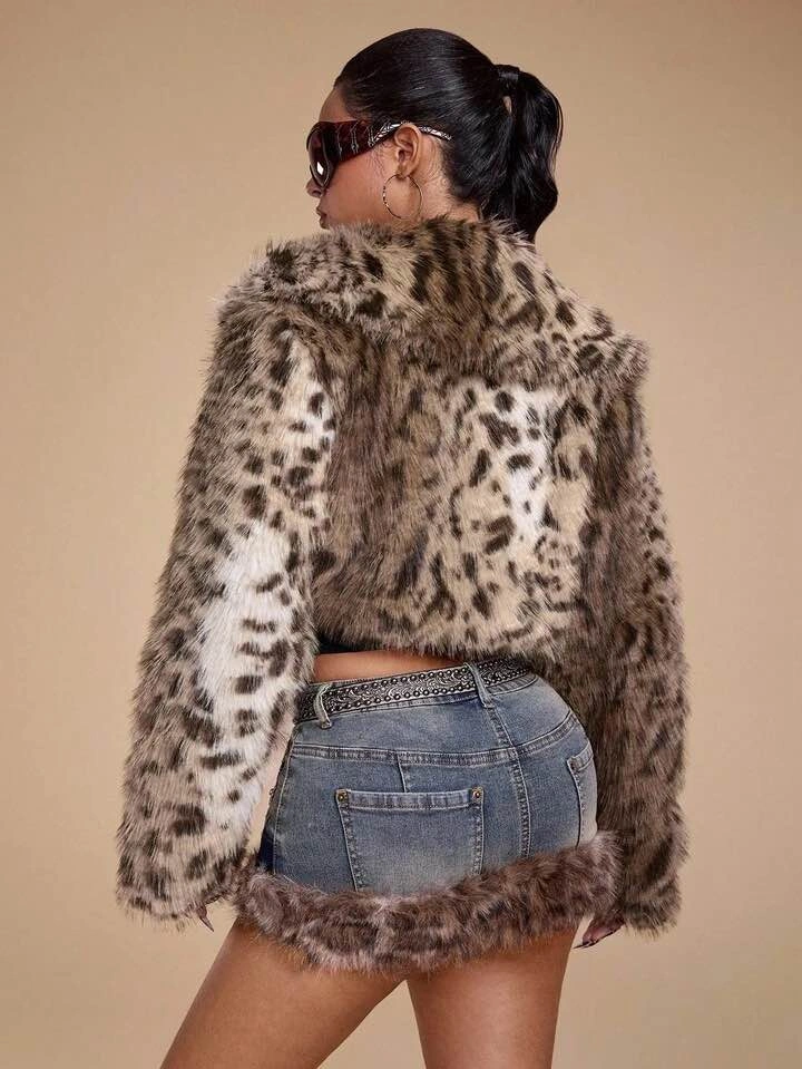 Leopard Print Cropped Faux Fur Jacket - US 8/10 - photo 2