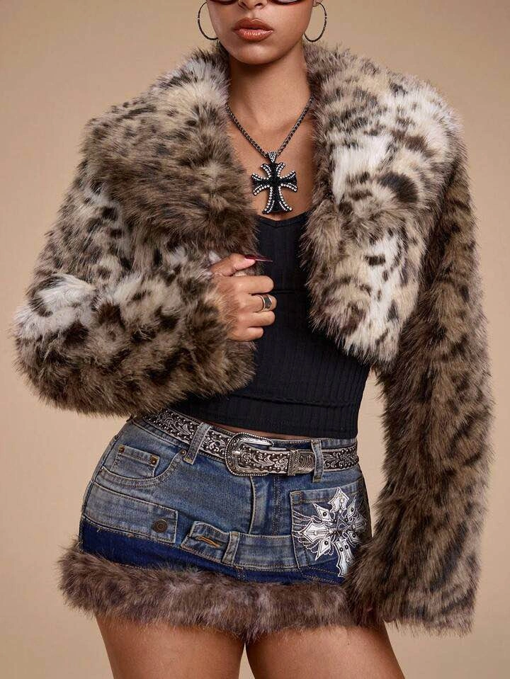 Leopard Print Cropped Faux Fur Jacket - US 8/10 - photo 3