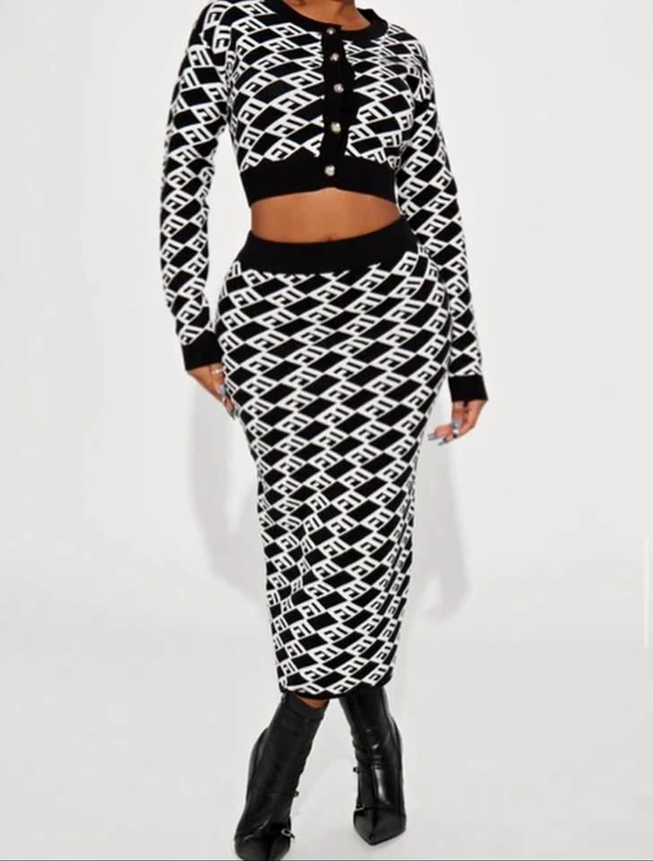 Black White Patterned Cropped Cardigan Skirt Sweater Set