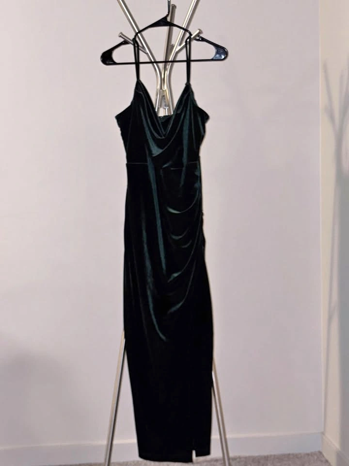Le Château Dark Green Velvet Cowl Neck Dress