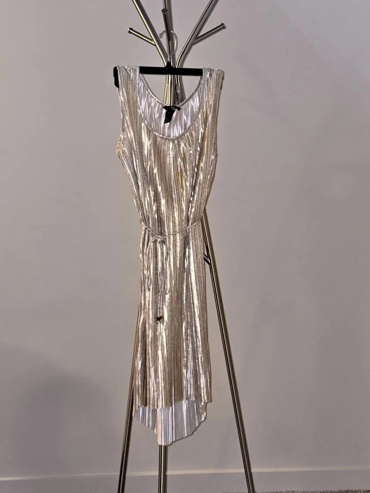H&M Metallic Gold / Silver Pleated Plissé Dress with Tie Belt
