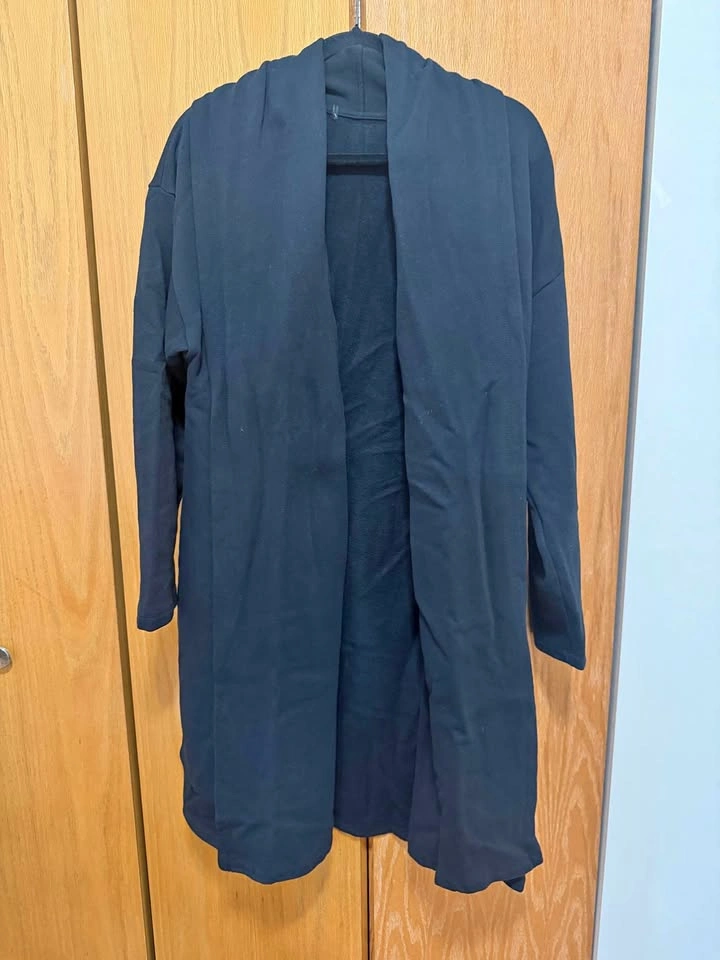Black Hooded Long Open-Front Cardigan, Fleece Lined Duster