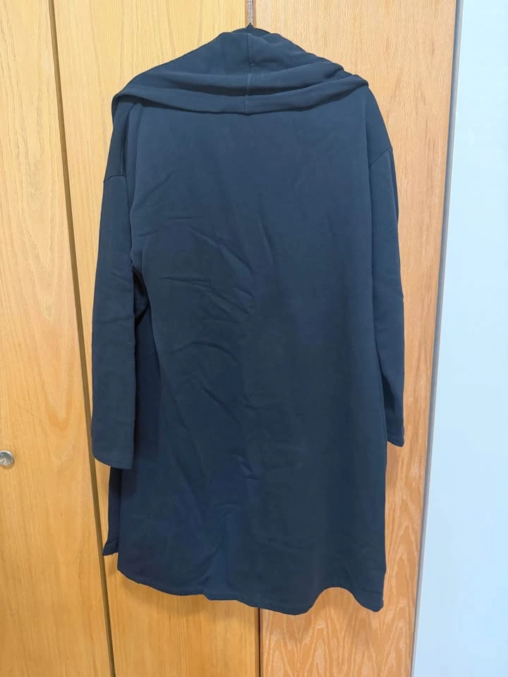 Black Hooded Long Open-Front Cardigan, Fleece Lined Duster - photo 2