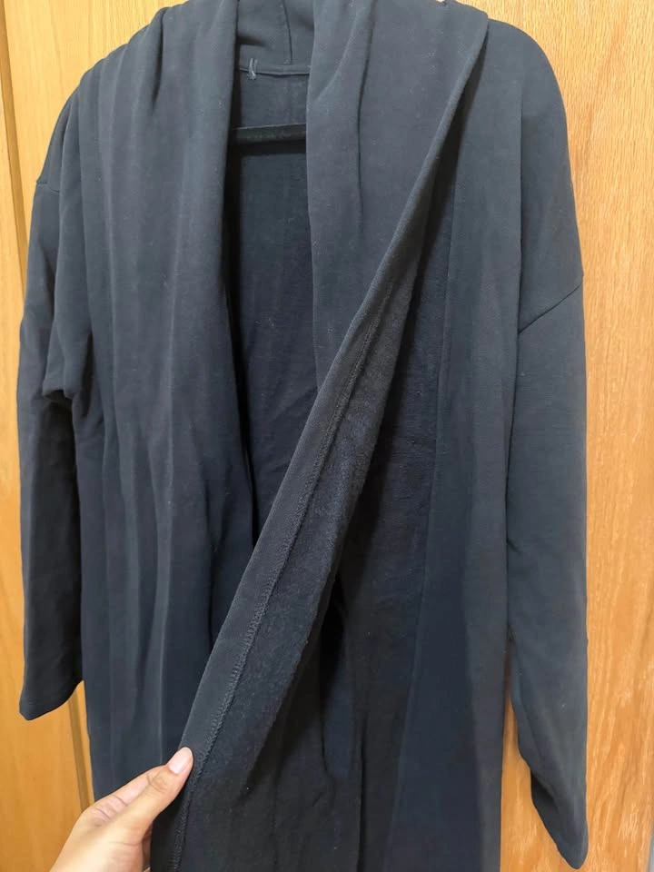 Black Hooded Long Open-Front Cardigan, Fleece Lined Duster - photo 4