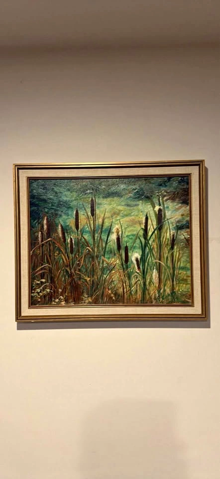 Original 1983 Vintage Cattail Wetland Oil Painting by R. Campbel