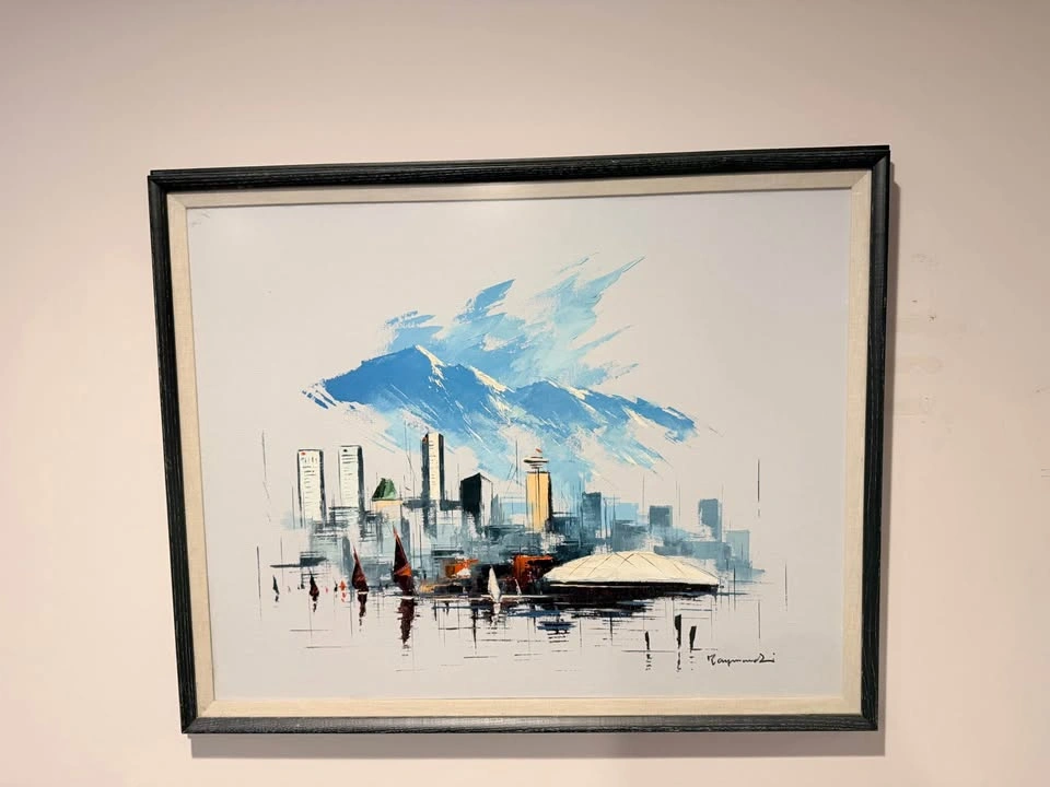 Vintage 1980s Vancouver Skyline & BC Place Painting by Raymond