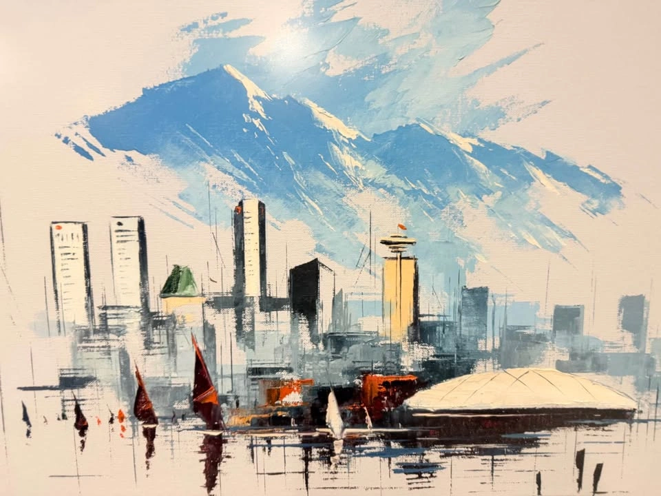 Vintage 1980s Vancouver Skyline & BC Place Painting by Raymond - photo 3