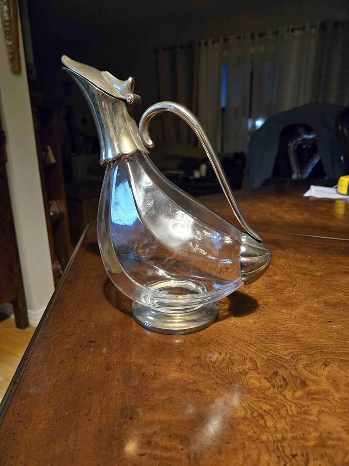 Vintage Silver-Plated & Glass Duck Wine Decanter / Claret Jug