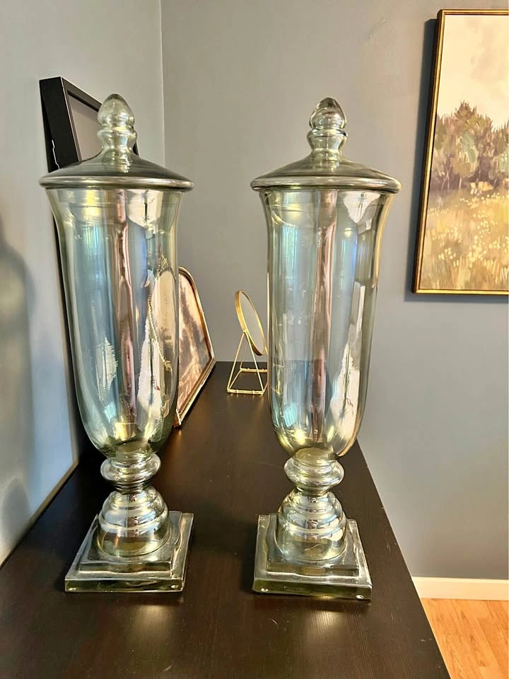 Large Decorative Glass Lidded Urns / Apothecary Jars (Set of 2)