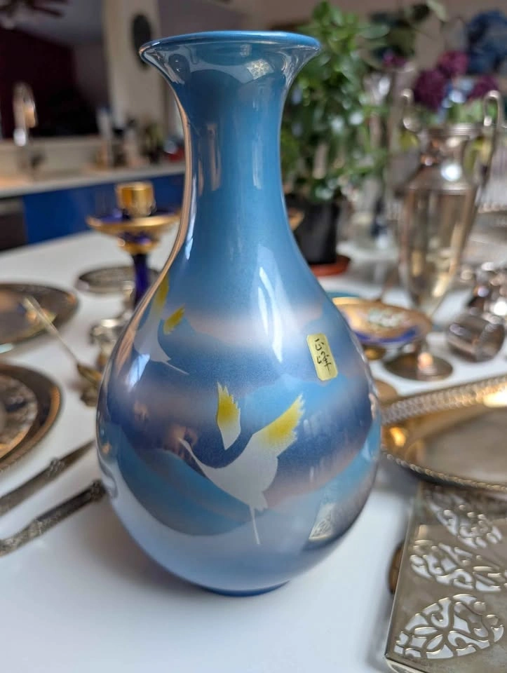 Tajimi Japan Blue Cranes and Mountains Vase