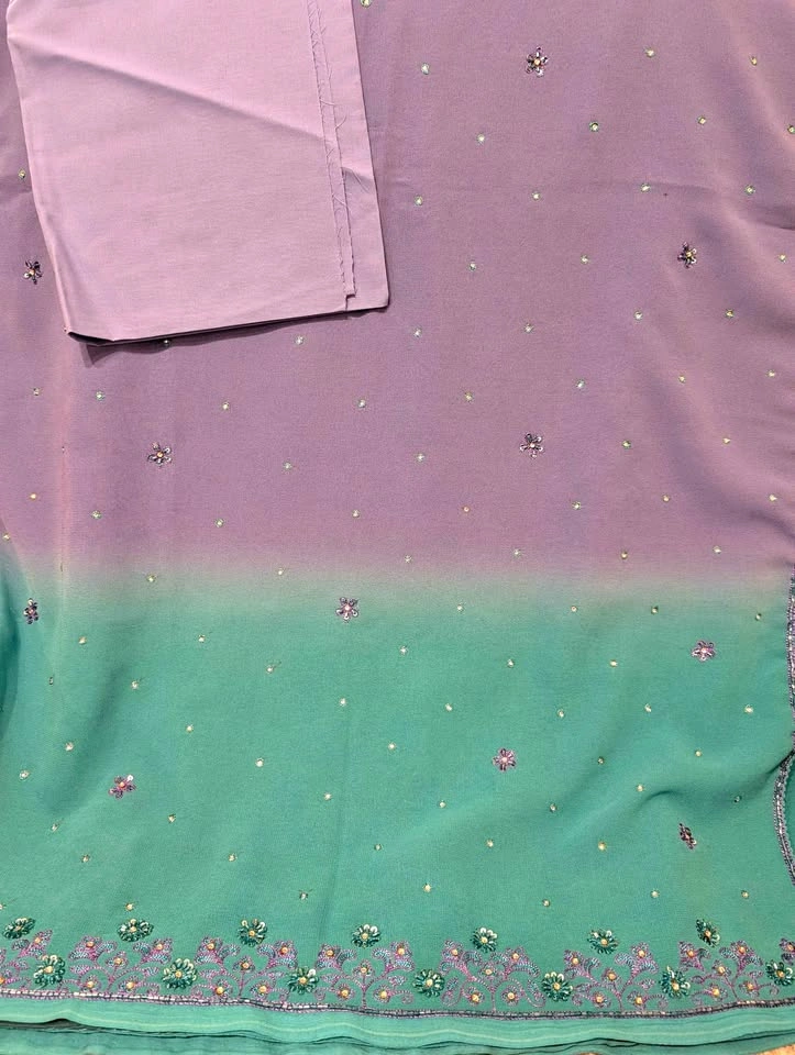 Purple and Teal Ombre Beaded Chiffon Sari
