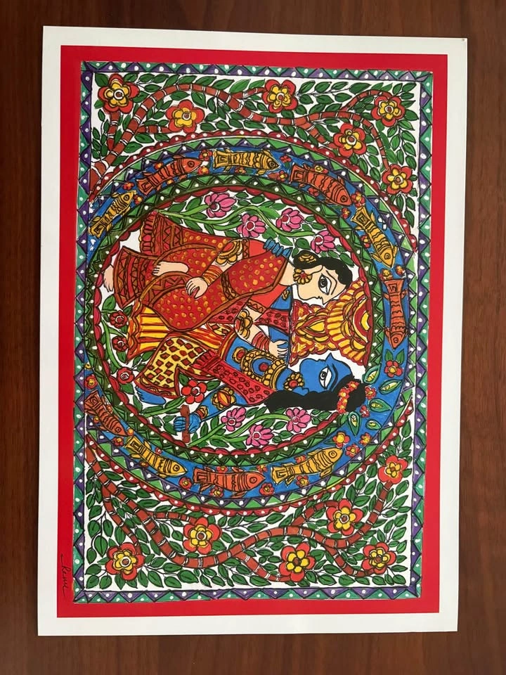 Madhubani Painting: Eternal Radha Krishna in the Garden - 2 - photo 2