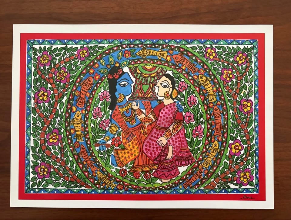 Madhubani Painting: Eternal Radha Krishna in the Garden - 3 (Pin - photo 2