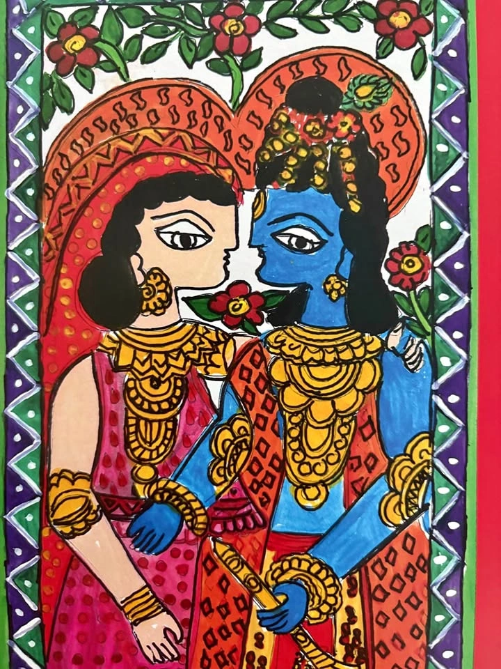 Madhubani Painting: Divine Union of Radha Krishna