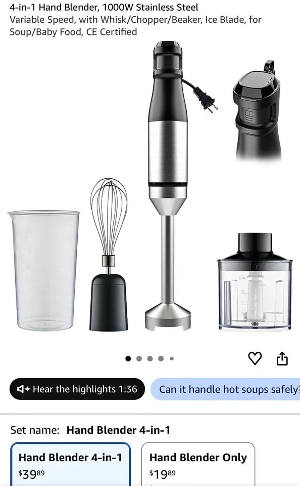 4-in-1 Hand Blender, 1000W Stainless Steel