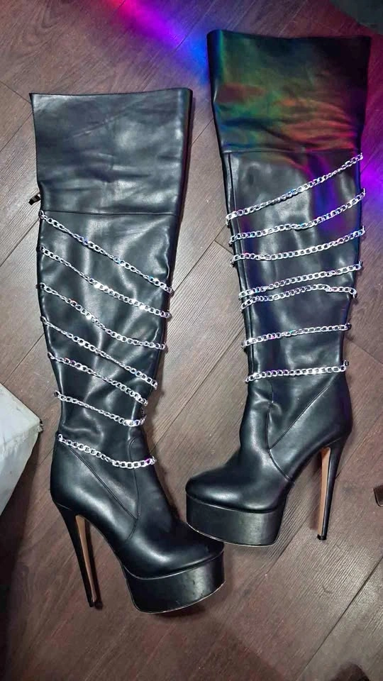 Black Platform Over-the-Knee Chain Boots