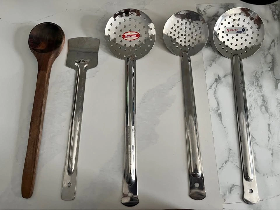 Stainless steel & wooden kitchen skimmers and spatula