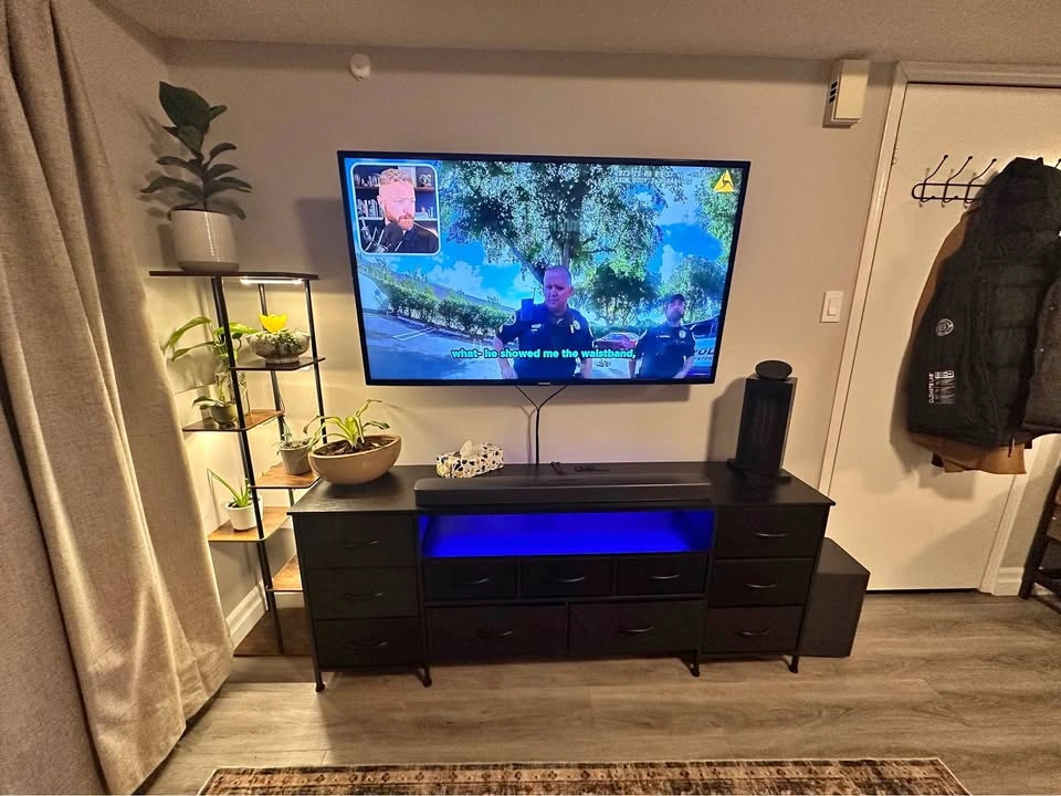 Black TV Stand with Fabric Drawers and LED Lights